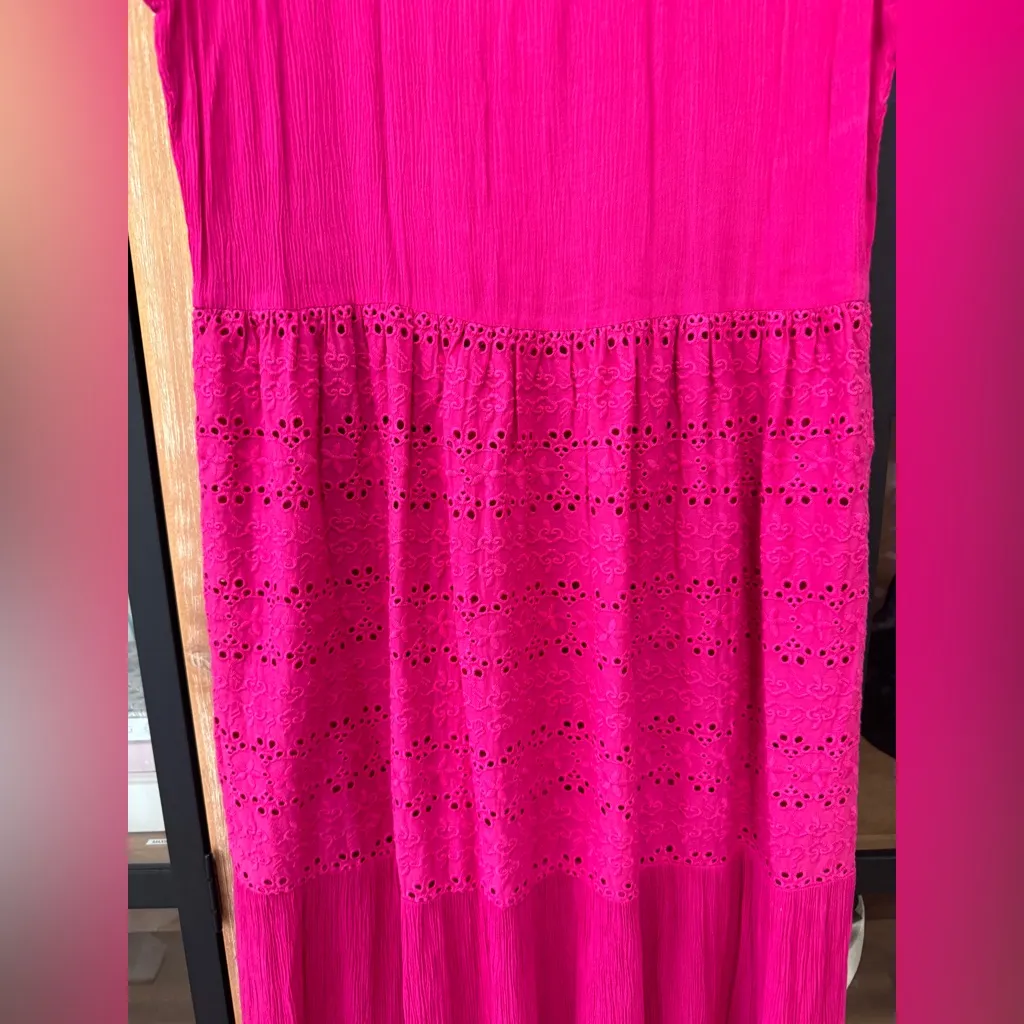 Playa Lucila eyelet maxi dress tiered embroidered gauze button down tiered hot Pink Size M - Image 8