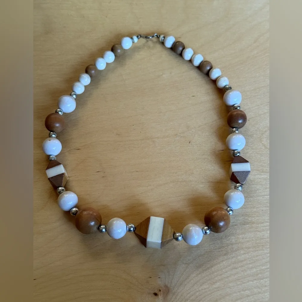 Wood and White Beaded Necklace Brown - Image 3