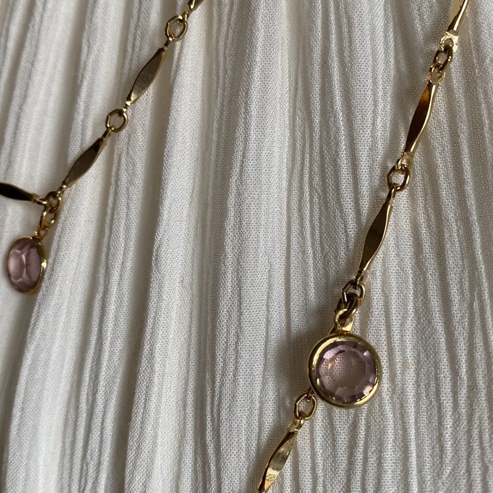 Stunning Gold Tone and Amethyst Colored Coin Station Bar Link Necklace Chain - Image 2