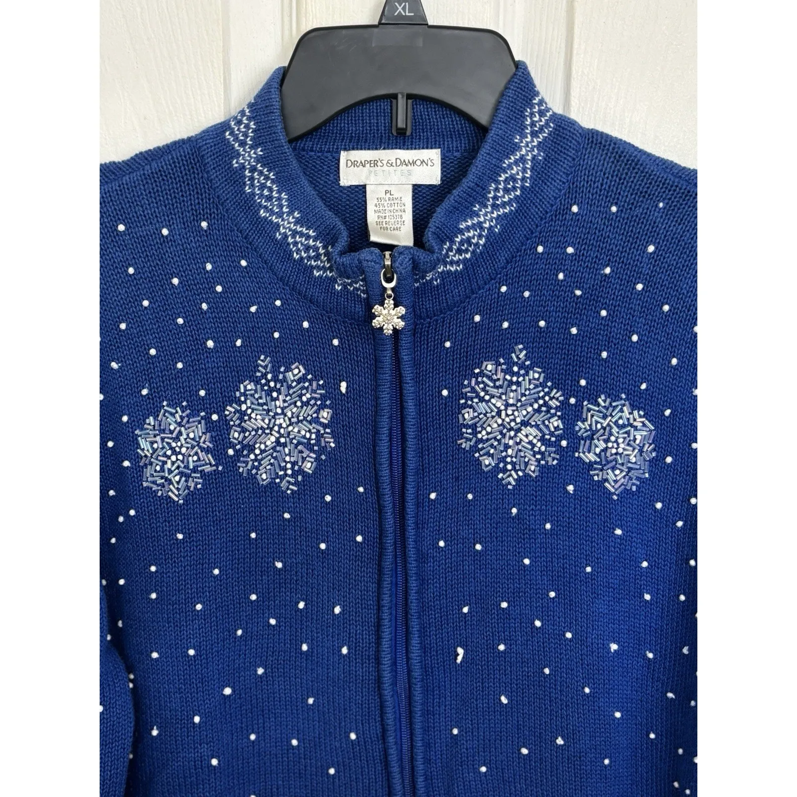 VTG Draper’s & Damon’s Blue Beaded Snowflake Full Zip Cardigan Size LP Winter - Image 3