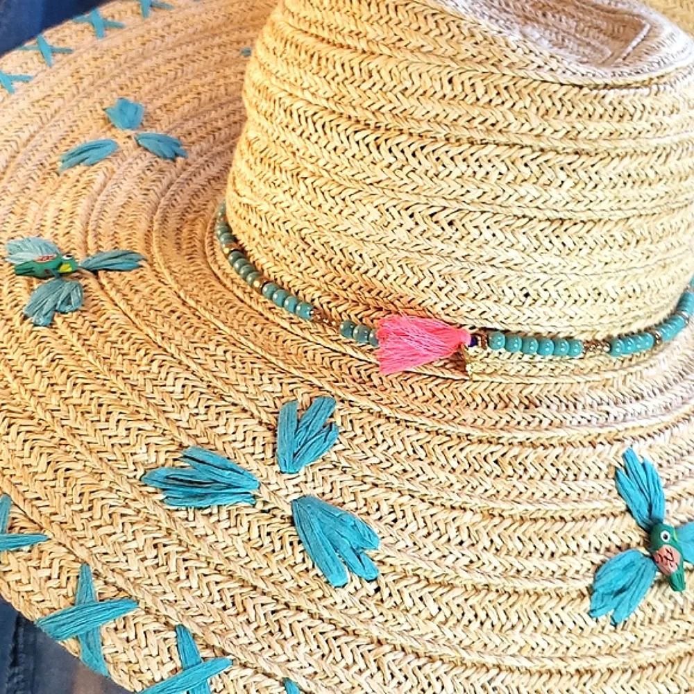 San Diego Hat company beaded, 90% paper wide brim beaded wooden parrots Blue - Image 13
