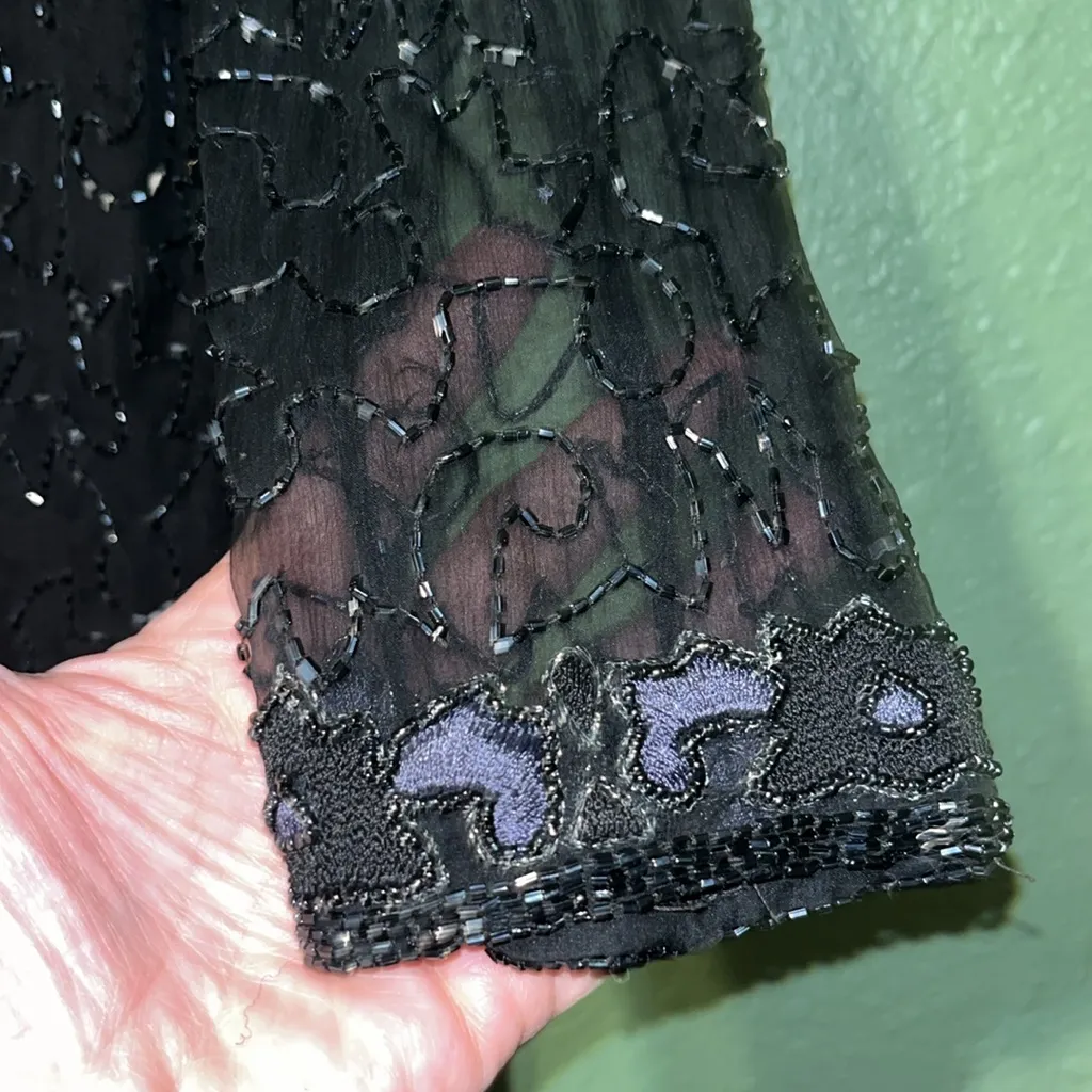 Vintage 100% SILK Black Sequin Long Sleeve Mini Dress Laurence Kazar New York - Image 5