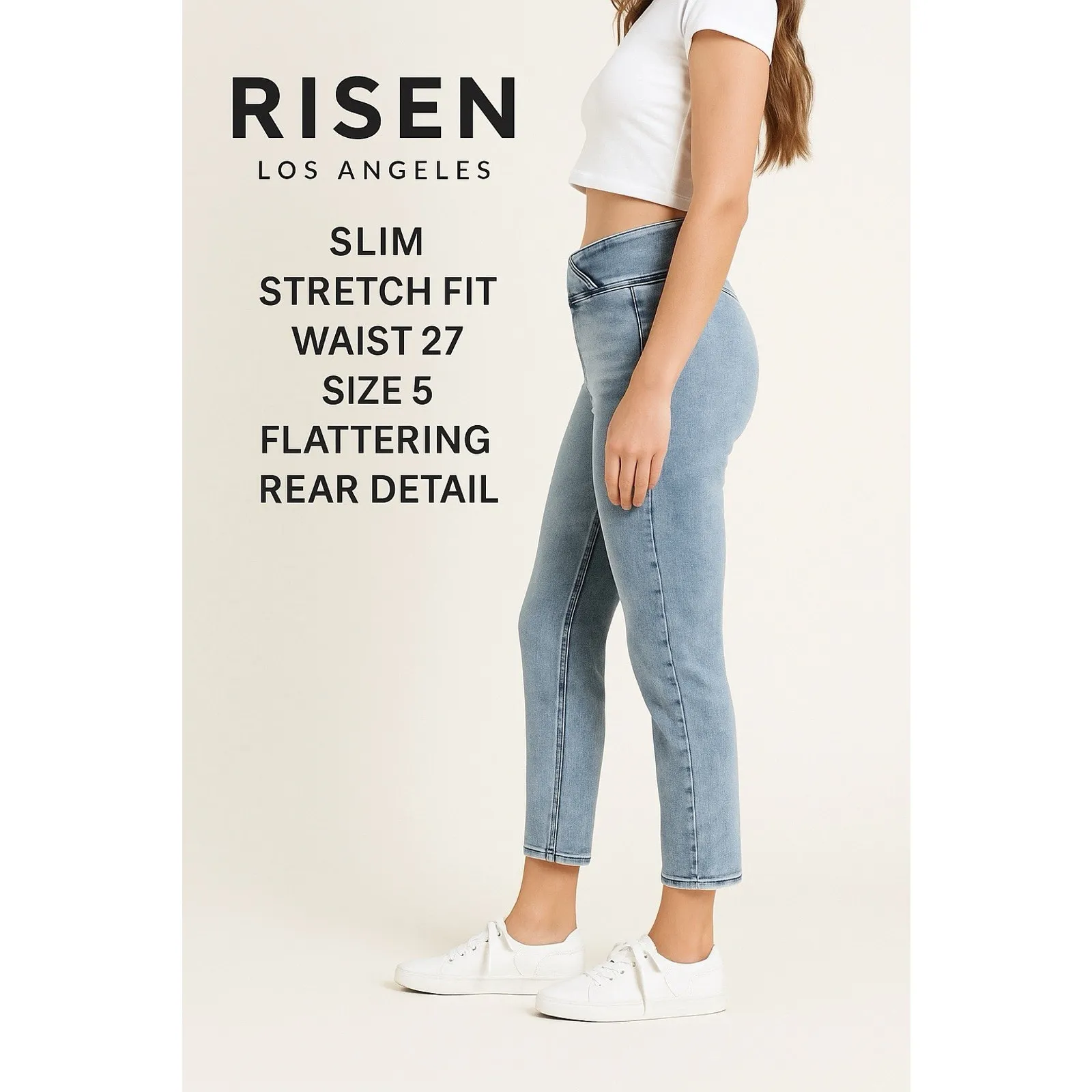 Risen Jeans Women’s 5/27 Light Wash Crossover‎ Waist Crop Denim Capri Acid Wash Blue - Image 11
