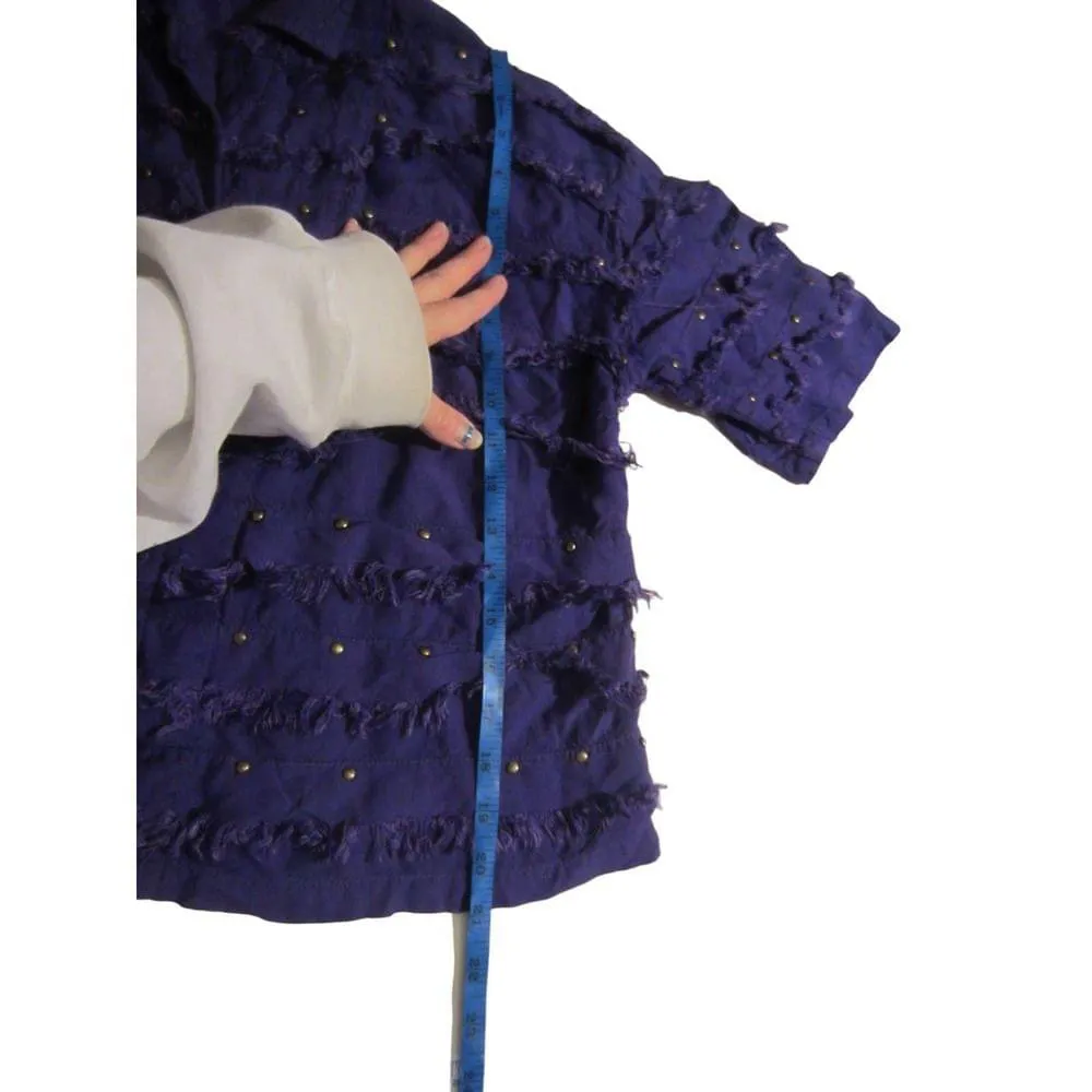 Boho Textured Fringe Button Shirt Studded Purple Rayon Top M - Image 14