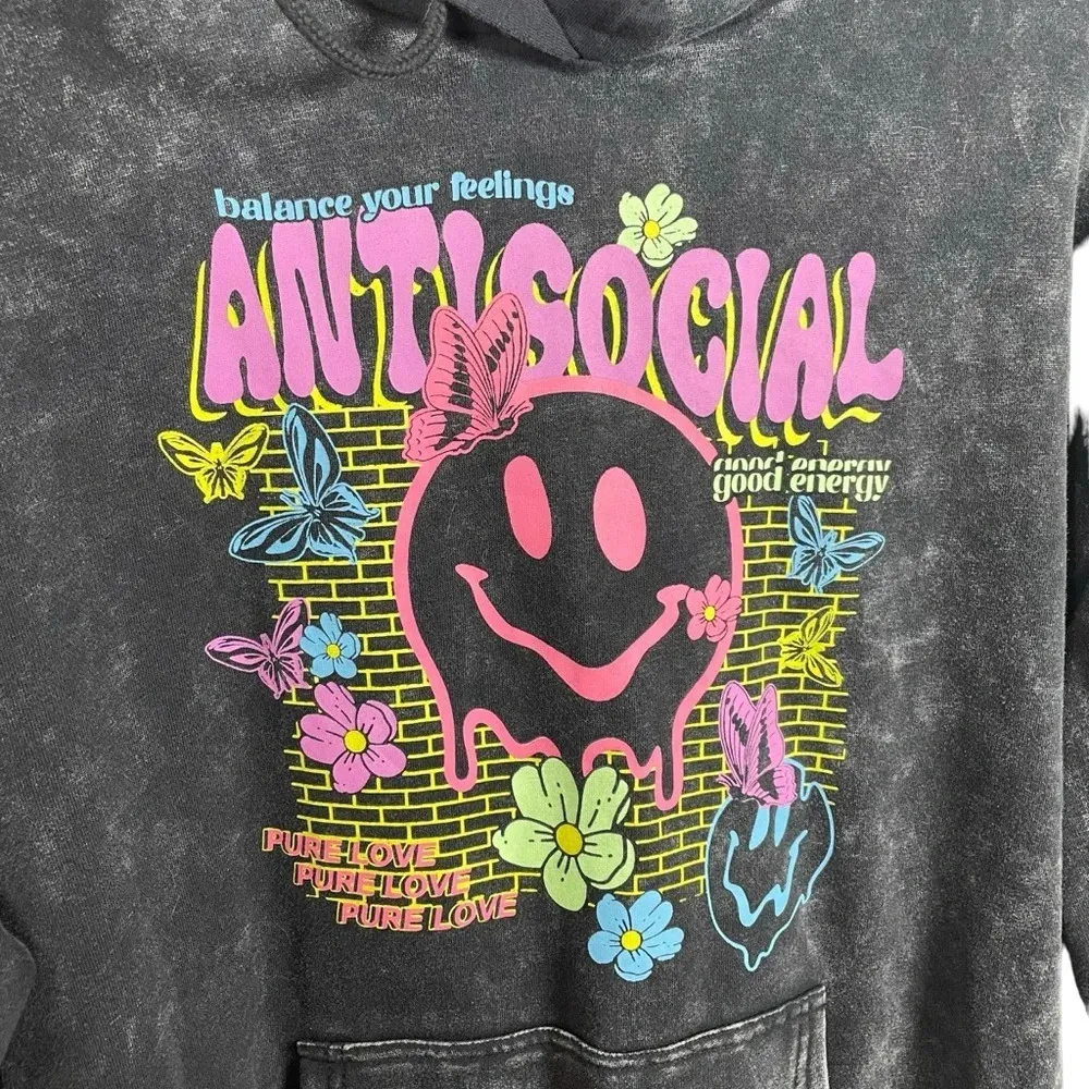 NWT Faded Rose Oversized Graphic Smiley Colorful Hoodie in Charcoal/Multi Size S Gray - Image 5