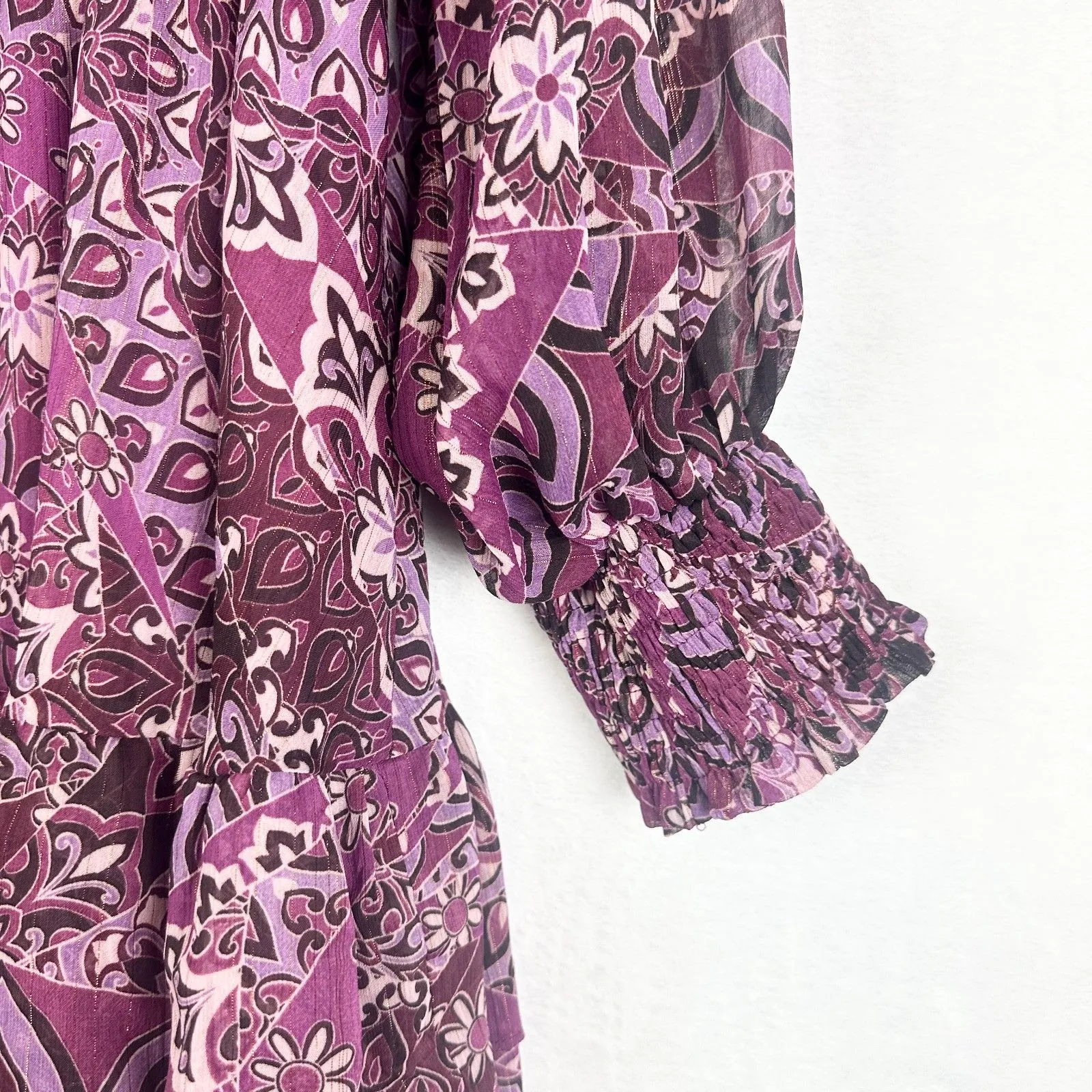 Avara Floral Dress Size XL Lurex Metallic Ruffle Tie Neck Tiered Boho Cottage Purple - Image 6