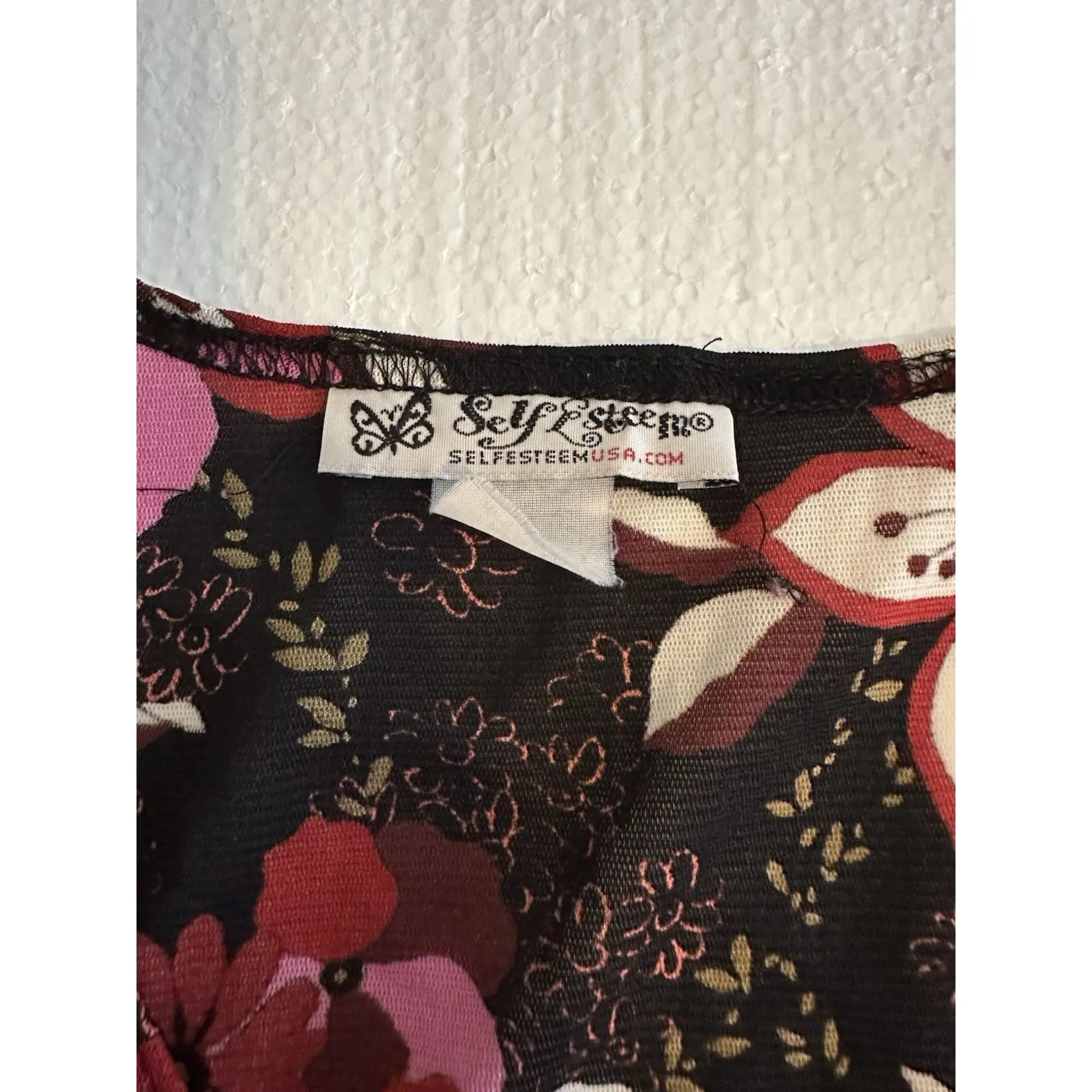 Self Esteem VTG Women's Y2K Black Pink Floral Babydoll Bow‎ Mesh Wrap Top Medium - Image 5