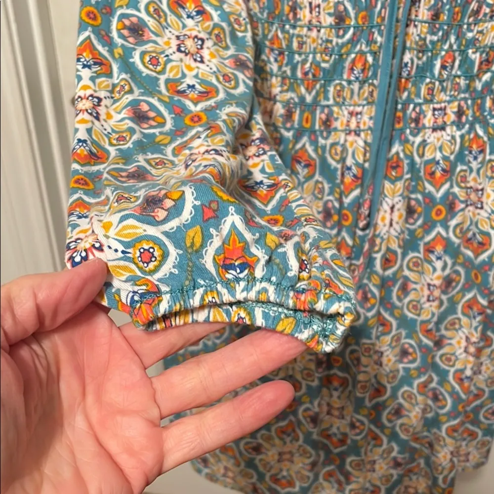 🚜🚜🚜3 for 12$🚜🚜🚜Blue and Orange Smocked Tie Front Sundress with Long Sleeves - Image 10