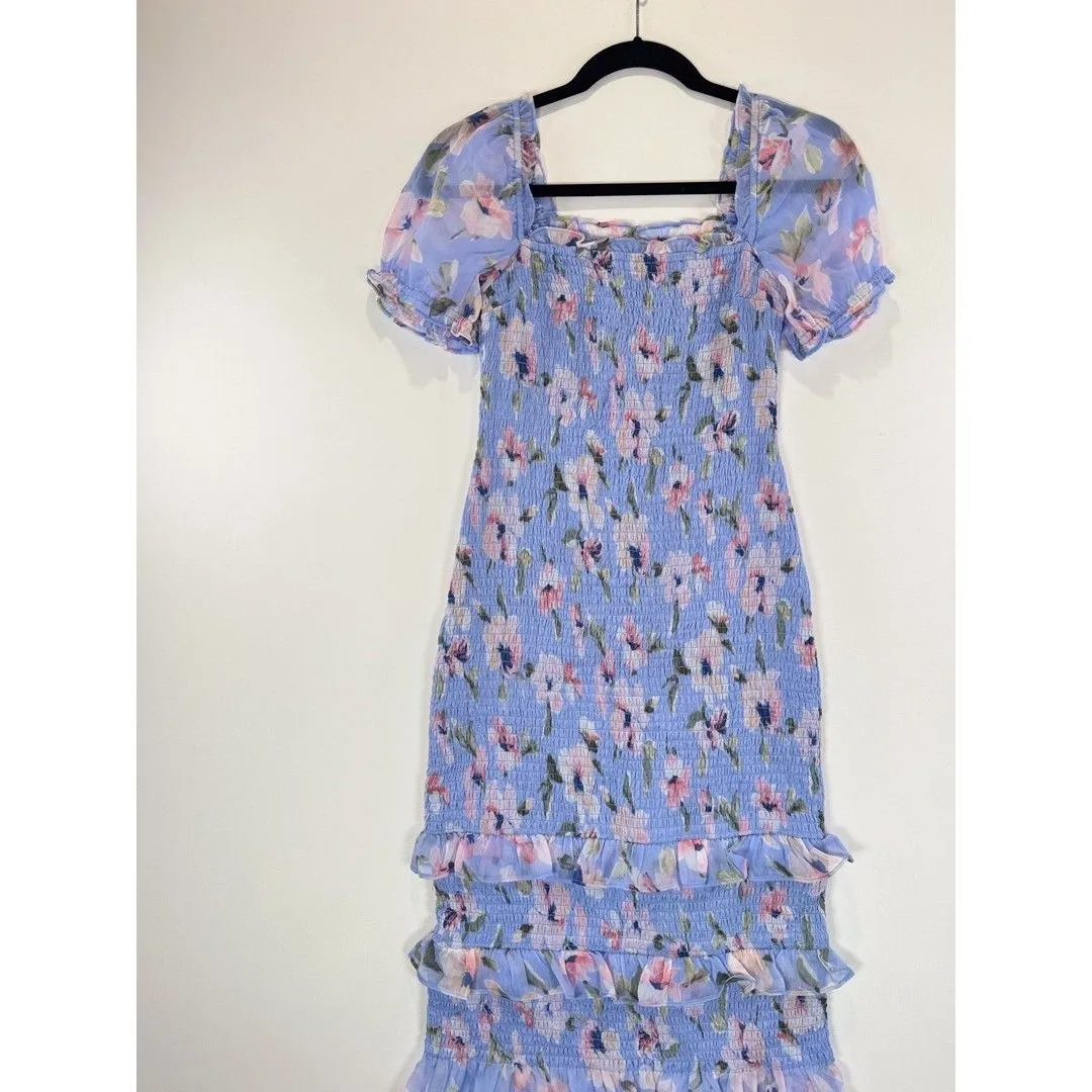 Abercrombie Fitch Dress Purple Smocked Midi Bodycon Floral Ruffle Coquette Small - Image 6