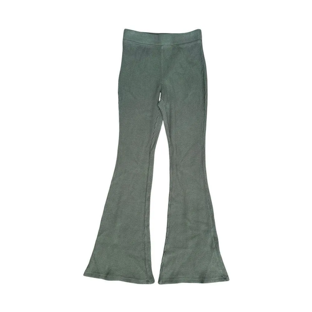 Aerie Waffle Knit High Waisted Flare Leg Pants Green Pull on Cozy S Long - Image 2