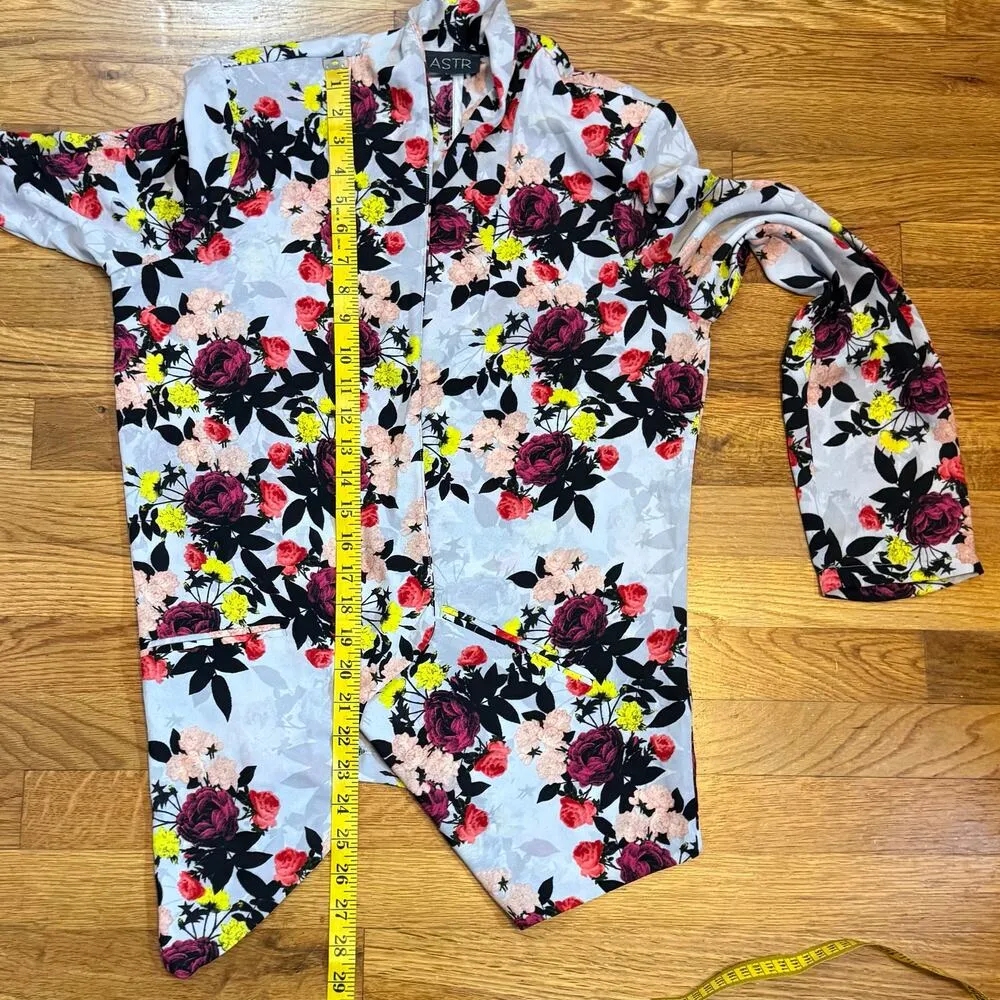 ASTR Womens Gray Pink Floral Open Front Long Sleeve Light Draped Cardigan Blazer - Image 5