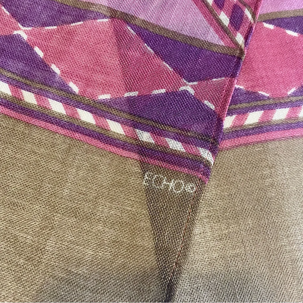 Echo 100% Wool Scarf – Geometric Design – Brown, Purple, Olive & Magenta Purple - Image 3