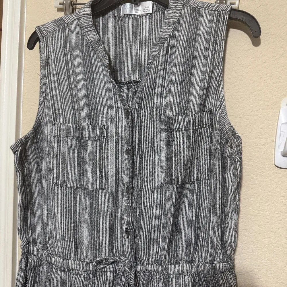 Time And Tru Women's Striped Linen Romper Black white stripe sz L pockets Size L - Image 3