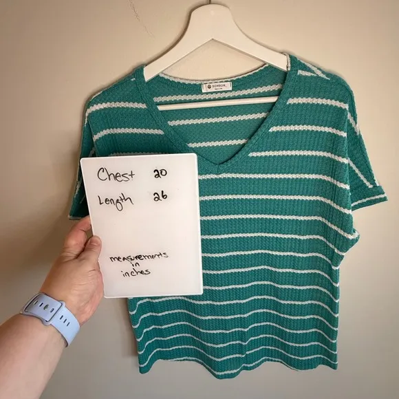 BomBom Teal Striped V Neck Top Casual Short‎ Sleeve Waffle Knit Relaxed Fit Green Size L - Image 3