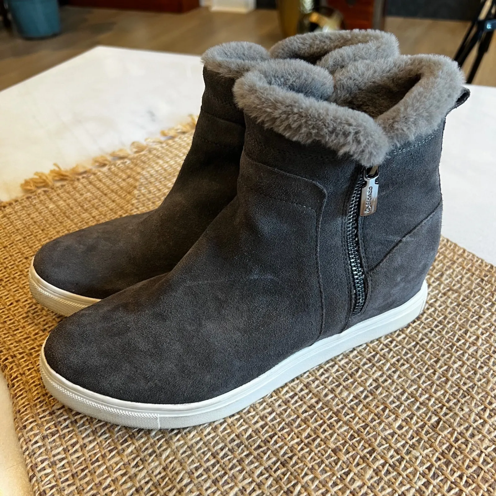 Blondo Gray Suede‎ Waterproof Faux Fur Lined Wedge Ankle Booties - Image 3