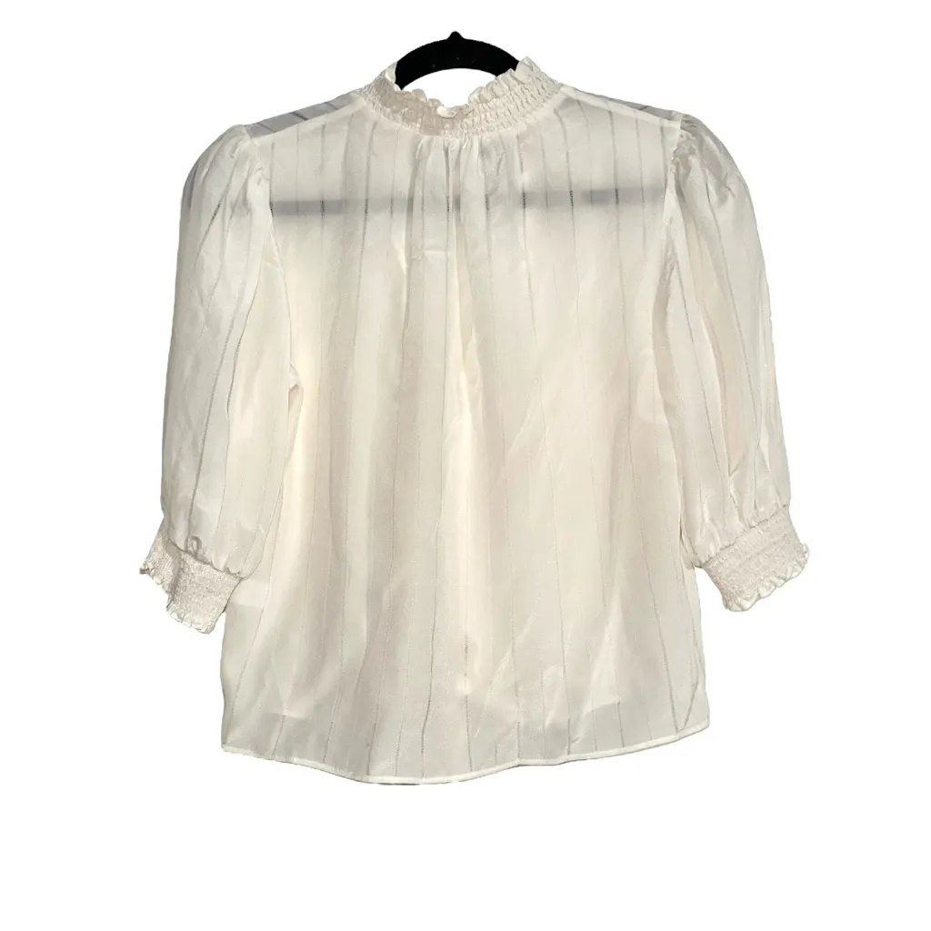 INTERMIX Amy Silk Tie-Front Button Down V-Neck Ivory Blouse SMALL - Image 3