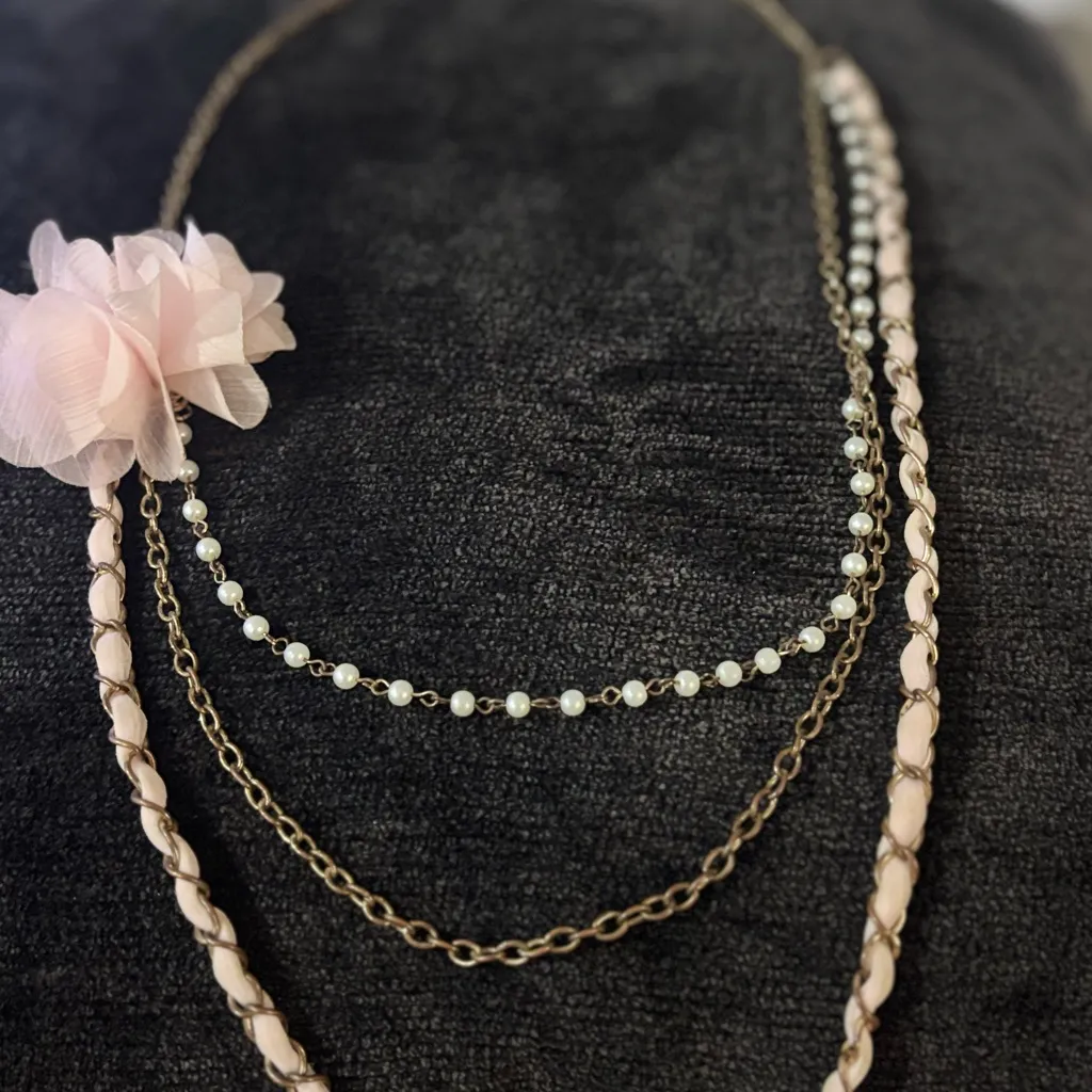 Vintage Blush Floral Chain Necklace Faux Pearls | Romantic Statement Piece 17in Gold - Image 5