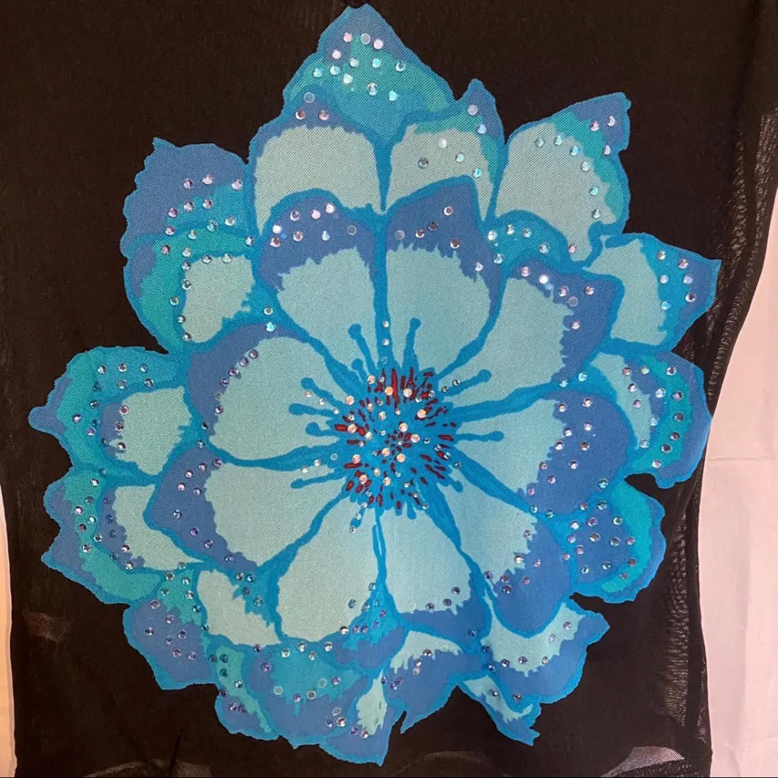 Blue sequined SUCCULENT LOTUS black sheer Fitted V-Neck T-Shirt - Image 3