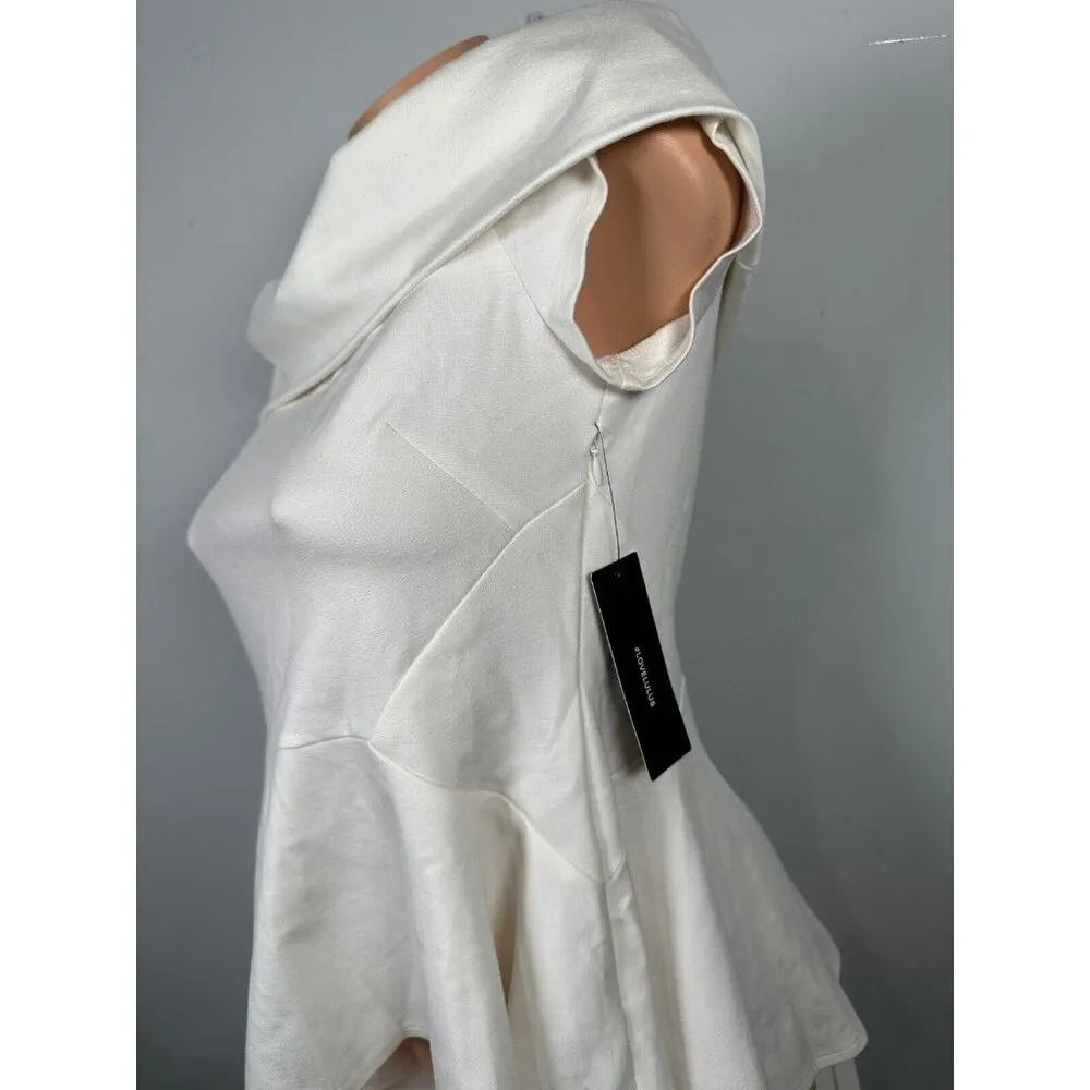 NWT LULUS Large Off Shoulder Short Sleeve Asymmetric Peplum Top White Zip Womens - Image 4