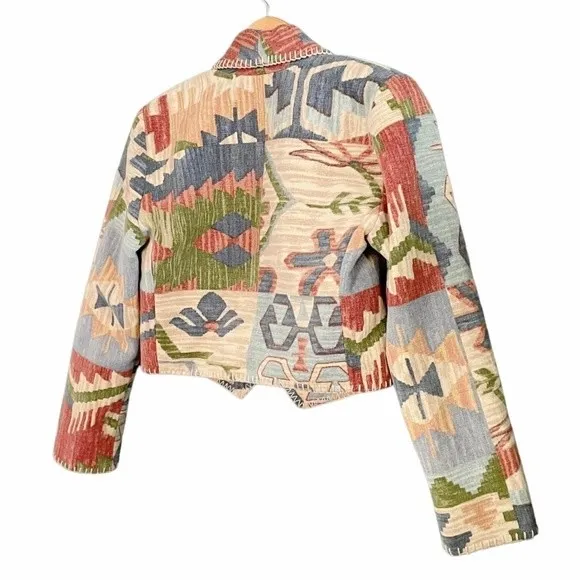 Rhonda Stark Jacket Blazer Southwest Tapestry Cropped Boho Tan Blue Size Medium Brown - Image 11