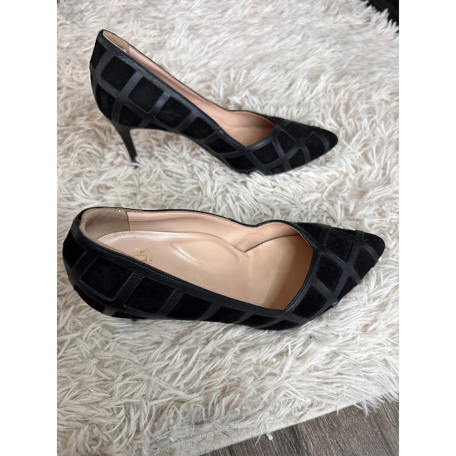 E MAR Black Suede & Leather Geometric Block Heel Pumps Made in Italy Size 36 - Image 2