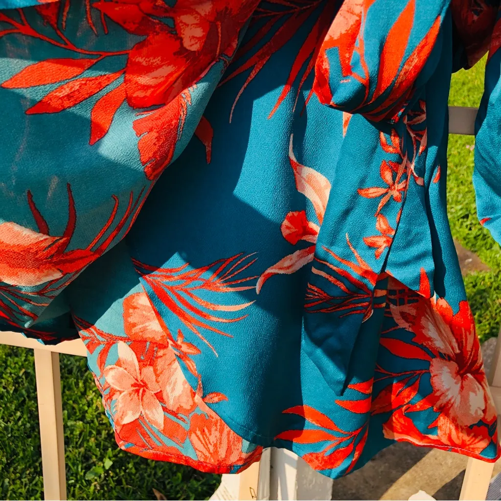 Sweet Lemon TEAL FLORAL SATIN WRAP SHORT DRESS Small Green - Image 8