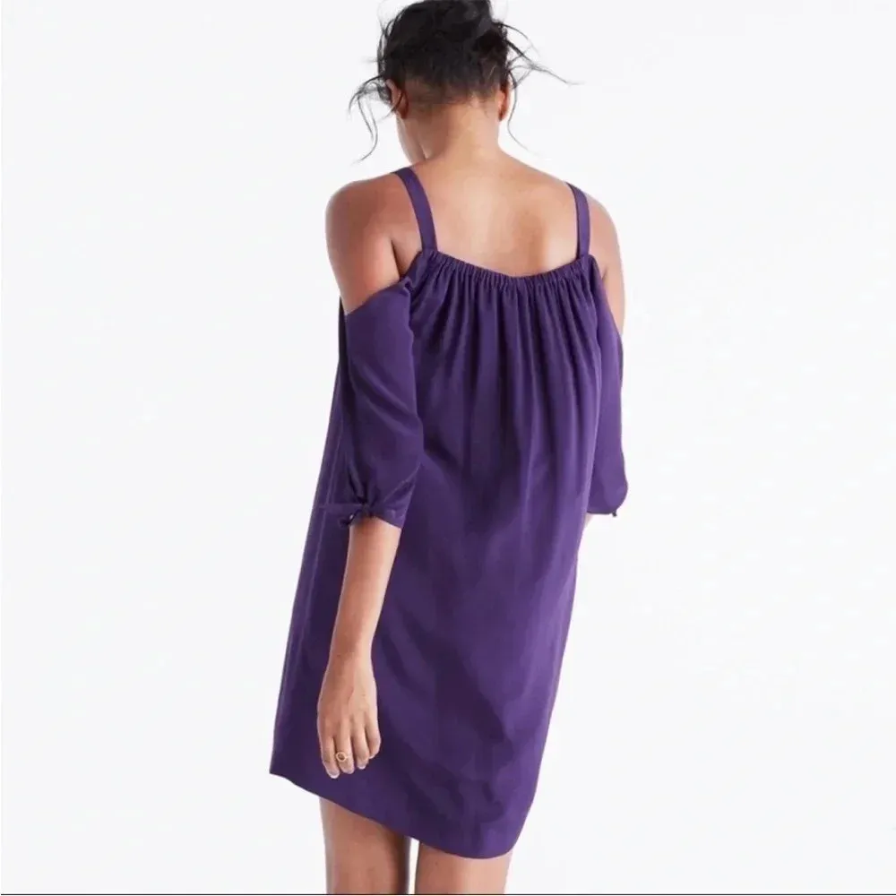 Madewell | 100% Silk Royal Purple Cold Off Shoulder Tie Sleeve Mini Dress | Sz 8 - Image 5