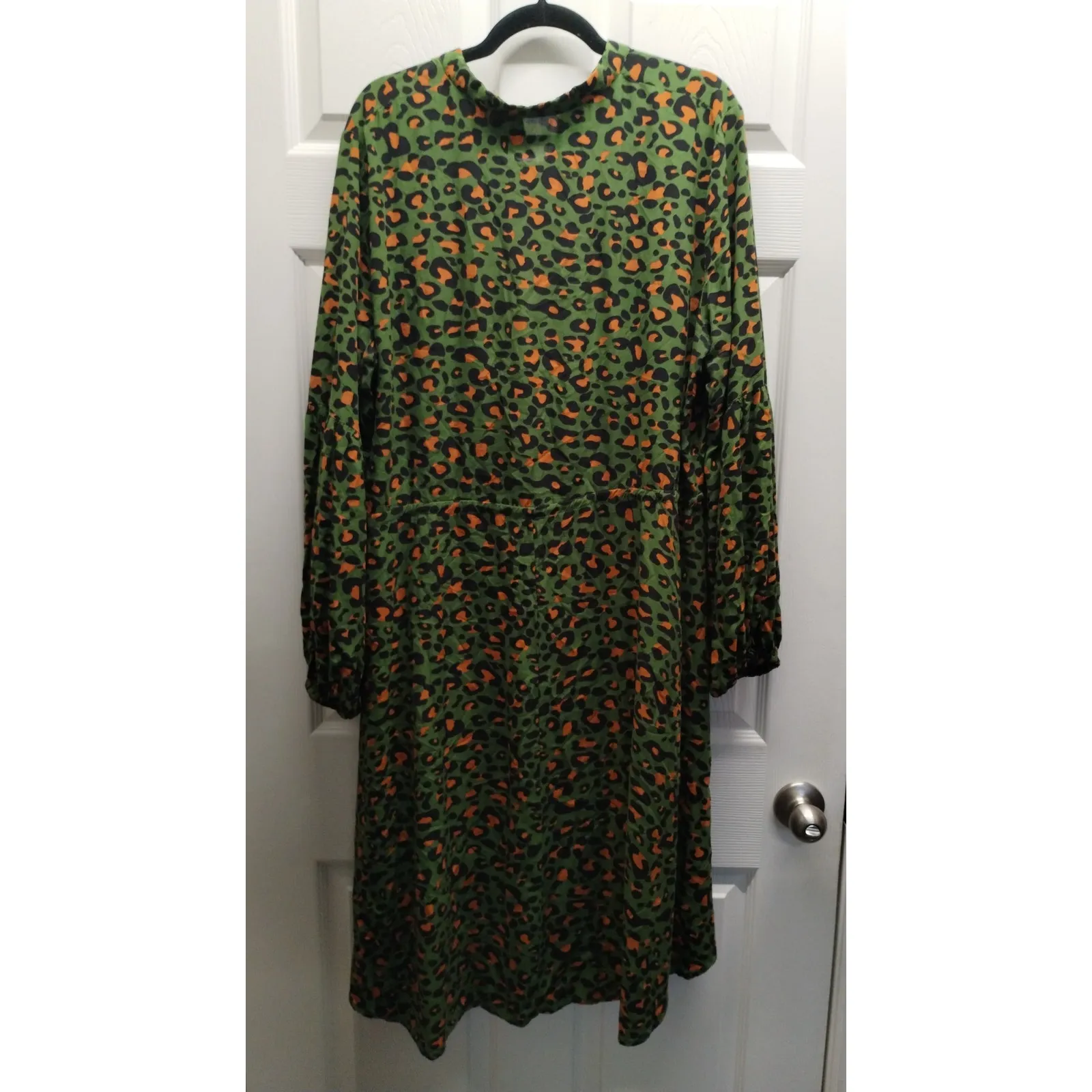 KIRUNDO Women's Size XL Green Orange Leopard Cheetah Long Sleeve Shirt Dress - Image 3