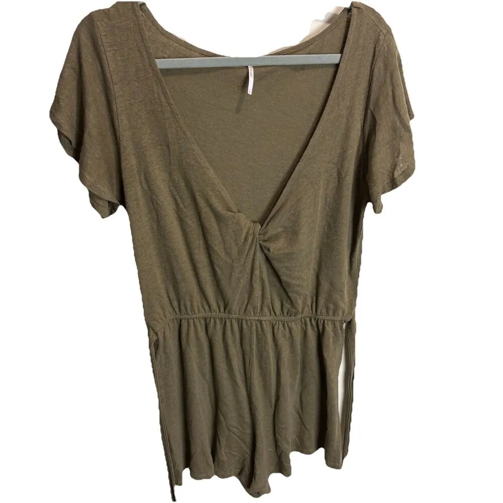 Free People Womens Romper Sm Moss Green Linen Blend Ballerina Tie Waist Beachy - Image 13