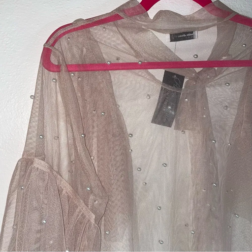 Fashion Leader L Tan Mesh Top Pearl Beaded Long Ruffle Sleeves Size L - Image 7