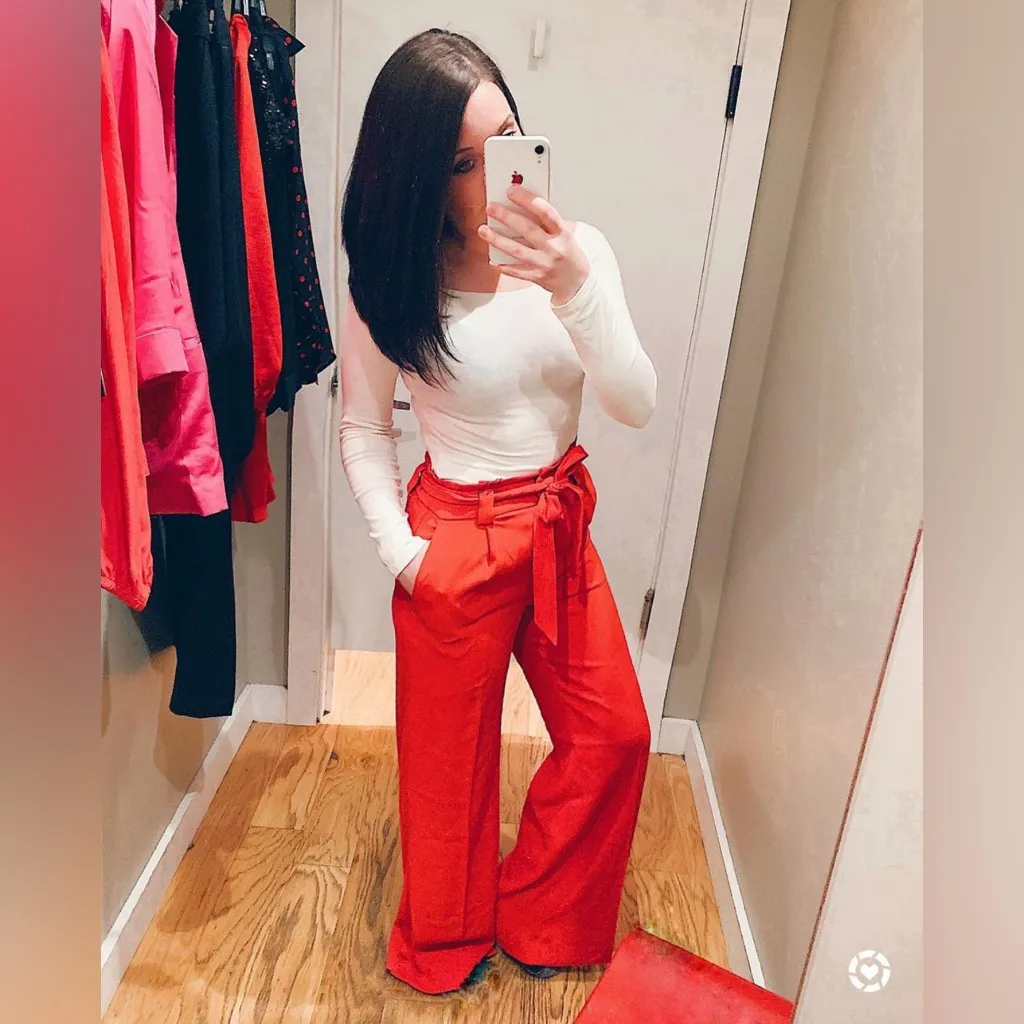 Express High-Rise Wide Leg Pants belted tie waist red sz Small - Image 5