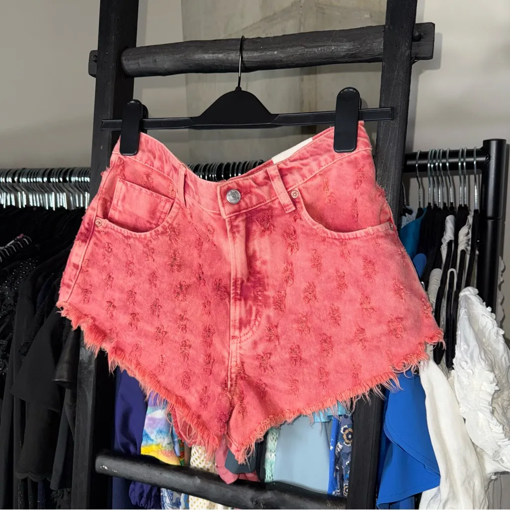 New We The Free Mixed Emotions Dragonfruit Sorbet Distressed Hi-Lo Denim Shorts - Image 2