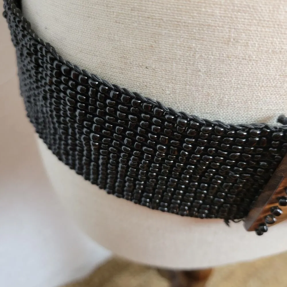 Vintage Handmade Black Beaded Belt with Wooden Hook Buckle Elastic Stretchy - Image 12