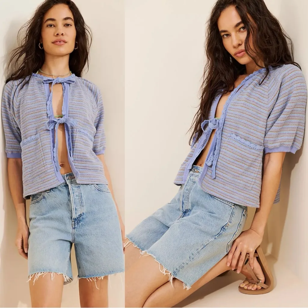 Free People Crochet Terry Cloth Sweatshirt Cardigan Periwinkle Stripes Large - Image 4