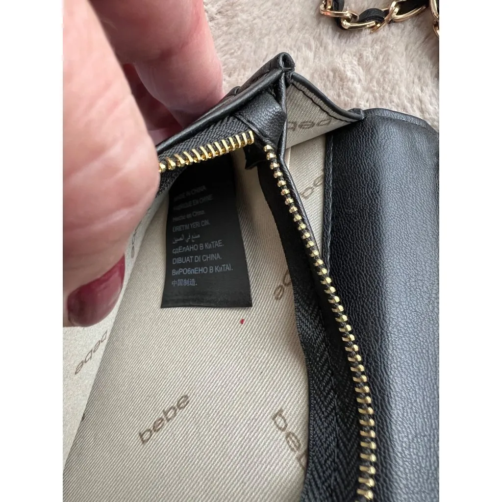 Bebe Quilted Black Leather Crossbody Purse With Gold Chain Strap & Rhinestone Lo - Image 14