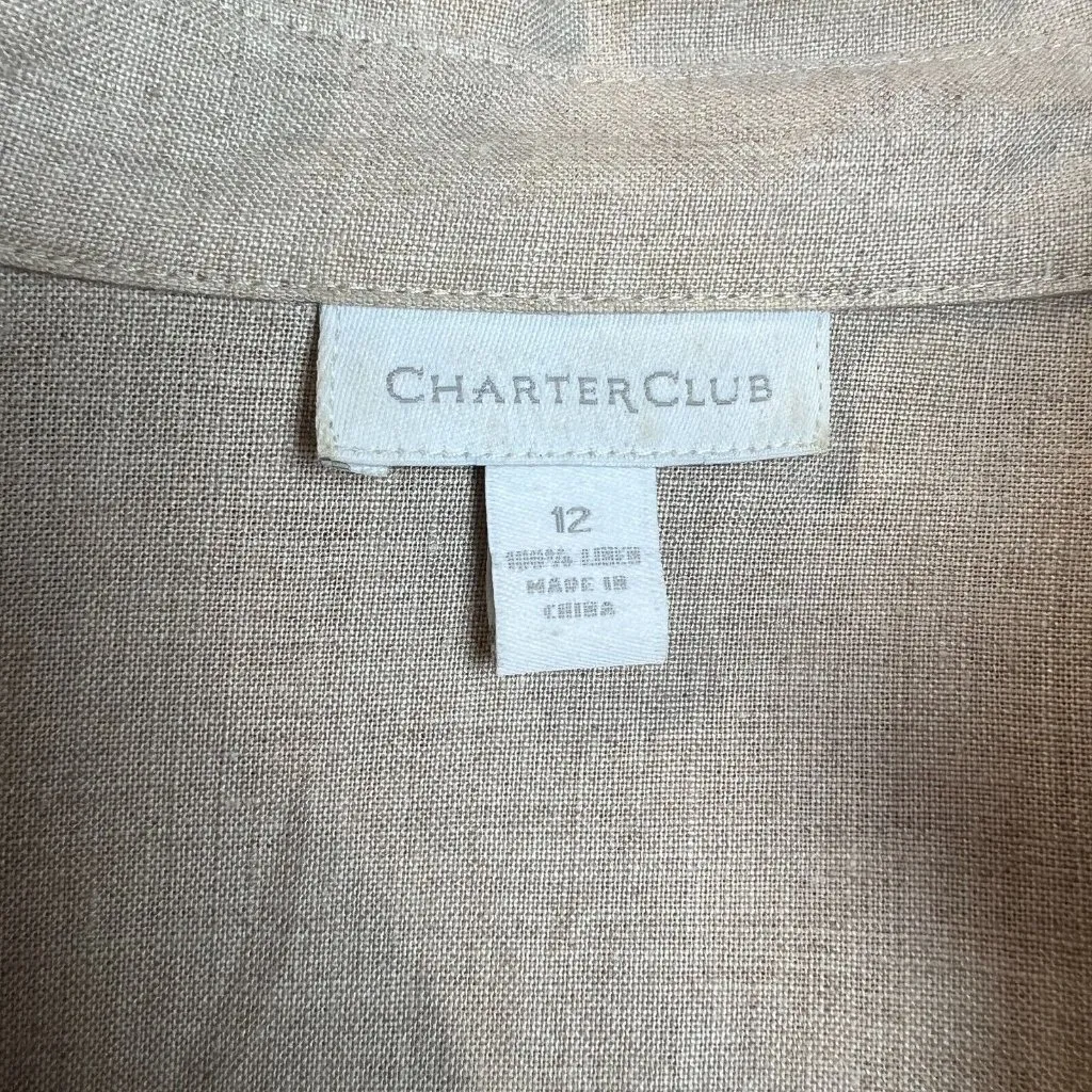 Charter Club Shirt Dress 12 Beige 100% Linen Midi Button Up‎ Belted Short Sleeve - Image 12