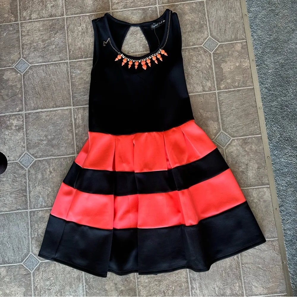 NWOT Crystal Doll Striped Junior Dress Neon Coral Pink/Black Church, Dance, - Image 2