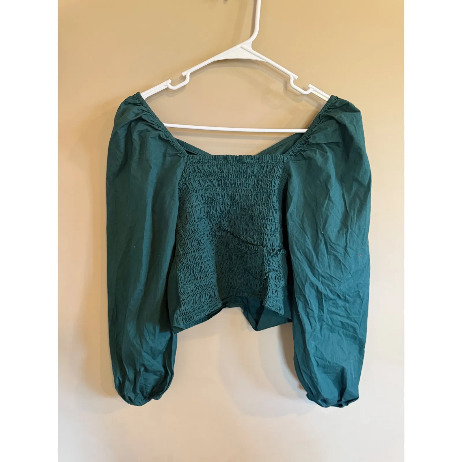 GAP Women Square Neck Smocked Ruched Long Sleeve Crop Top Green Medium - Image 5
