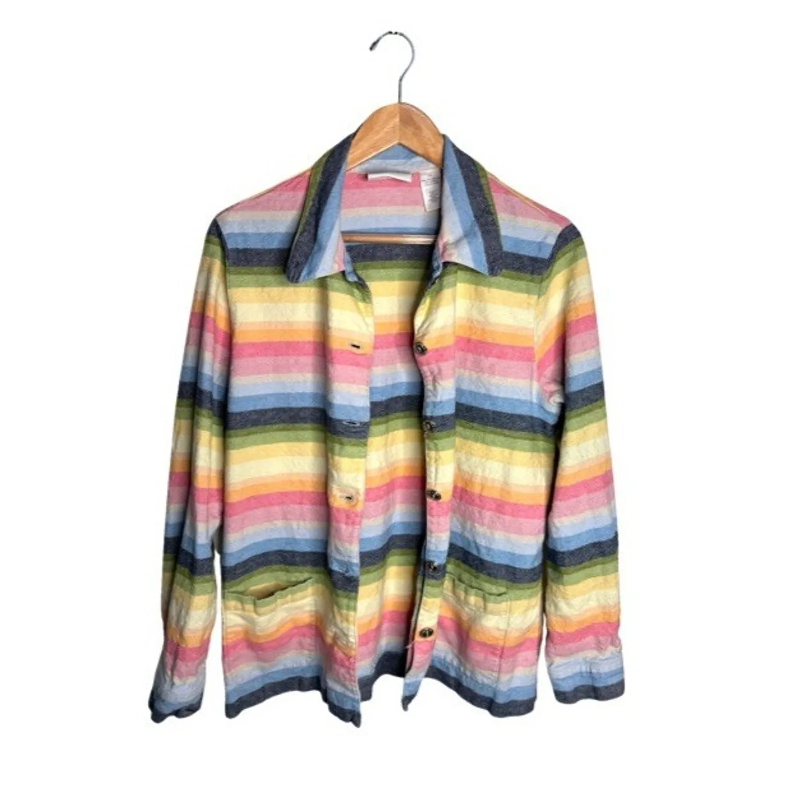 Alfred Dunner Jacket Stripe Size 14 Linen Cotton Button Up Rainbow Silver Button - Image 2