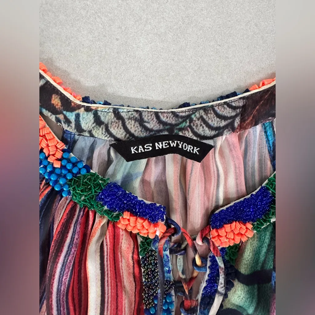 KAS NEW YORK SIZE SMALL SLEEVELESS DRESS BOTTOM PLEATS & BEADED EMBELLISHMENTS Blue - Image 4