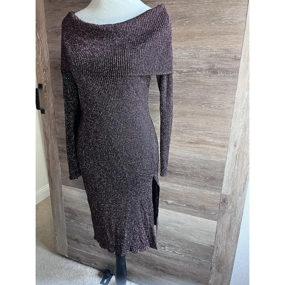 BCBG MAX AZRIA LAURIE OFF THE SHOULDER SWEATER DRESS LARGE METALLIC BURGUNDY - Image 6