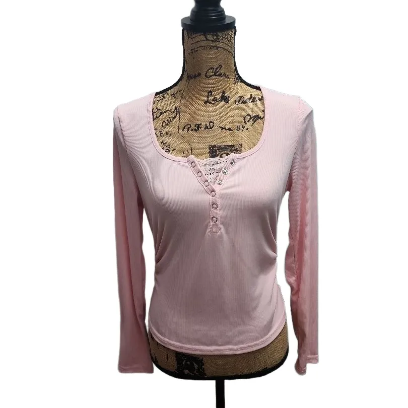 Henley Shirt Womens Size XL Light Pink Ribbed Knit‎ Lace Trim Casual Chic Soft - Image 3