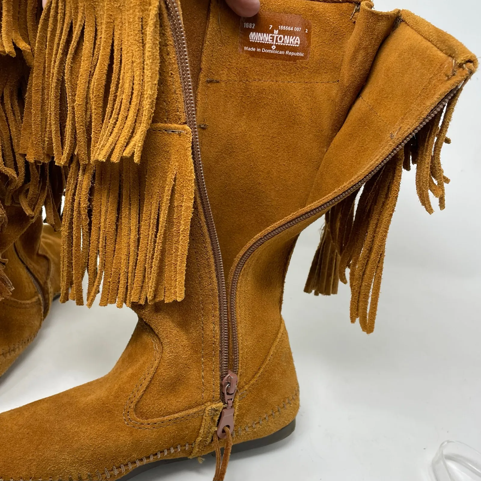 Minnetonka Moccasins Two Layer Fringe Back Zip Mid Calf Brown Suede Boots 7 - Image 7