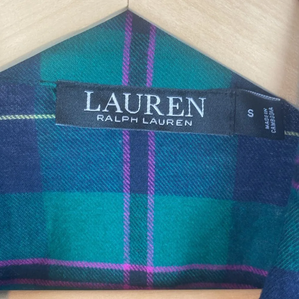 Ralph Lauren Green & Blue Plaid Long Sleeve Button Front Sleep Shirt Dress S - Image 6