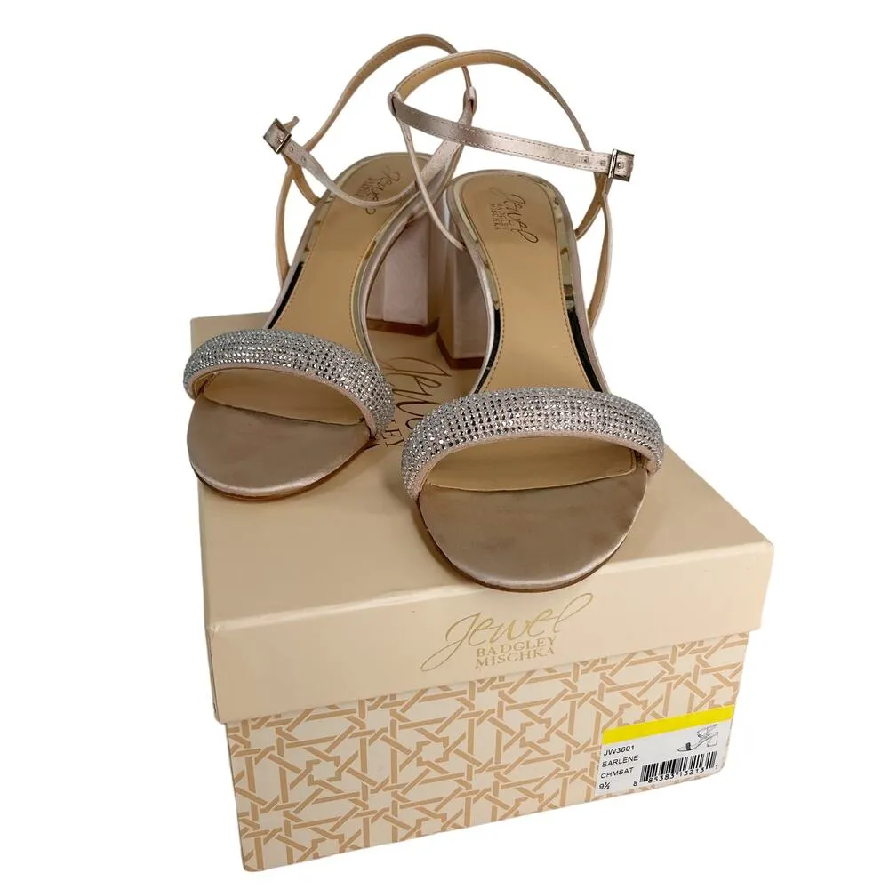Jewel Badgley Mischka Earlene Block Heel Sandal 9.5 Champagne Satin - Image 3