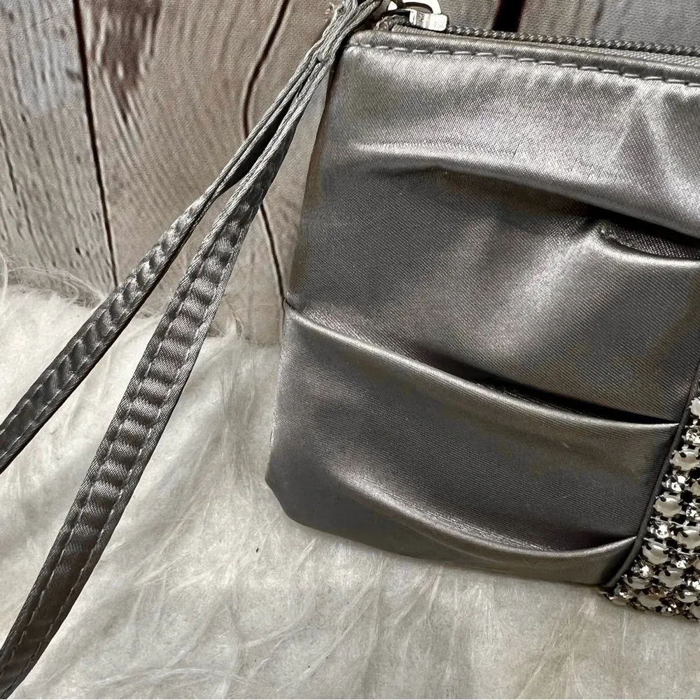 RSVP Charming Charlie Clutch Purse Silver Satin Rhinestone Pearl Wristlet Glam - Image 4