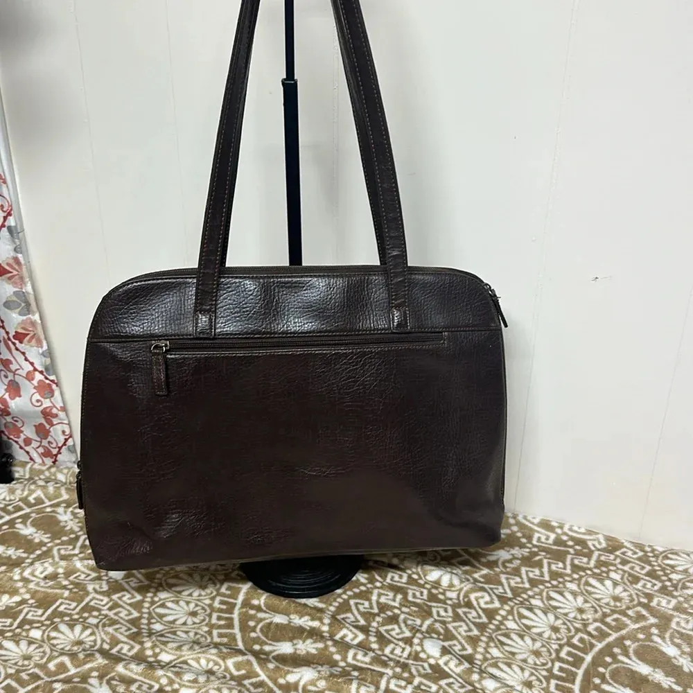 Buxton brown leather briefcase zip & snap pockets over shoulder vintage - Image 3
