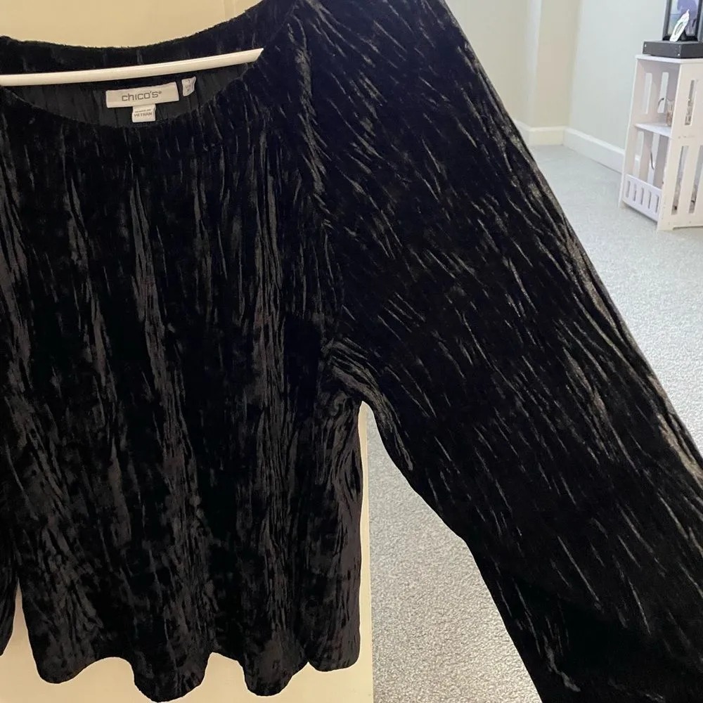 Chico’s black textured crushed velvet blouson sleeve top off-shoulder size M - Image 5