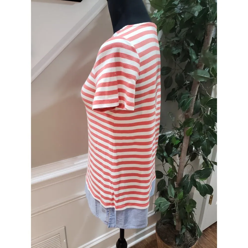 Tommy Hilfiger T-Shirt Women's Medium Red Striped Cotton Regular Fit Slit Hem - Image 12