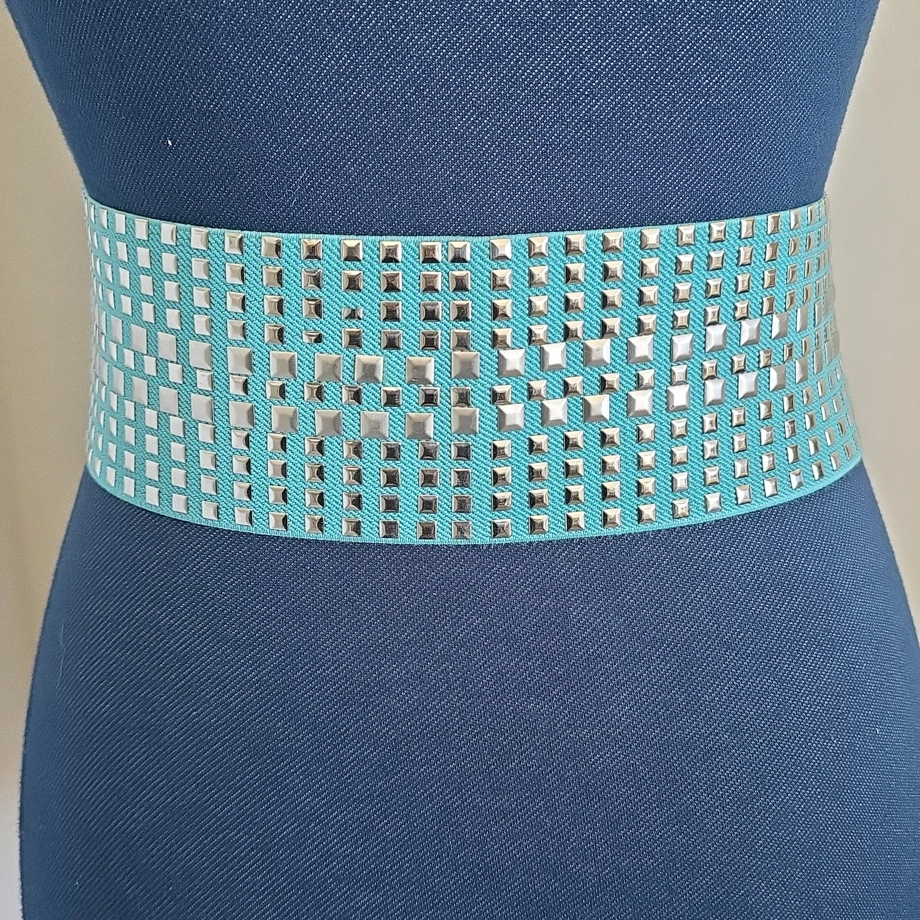 Vintage Silver And Aqua Blue Wide Stretch Studded Belt - Image 4